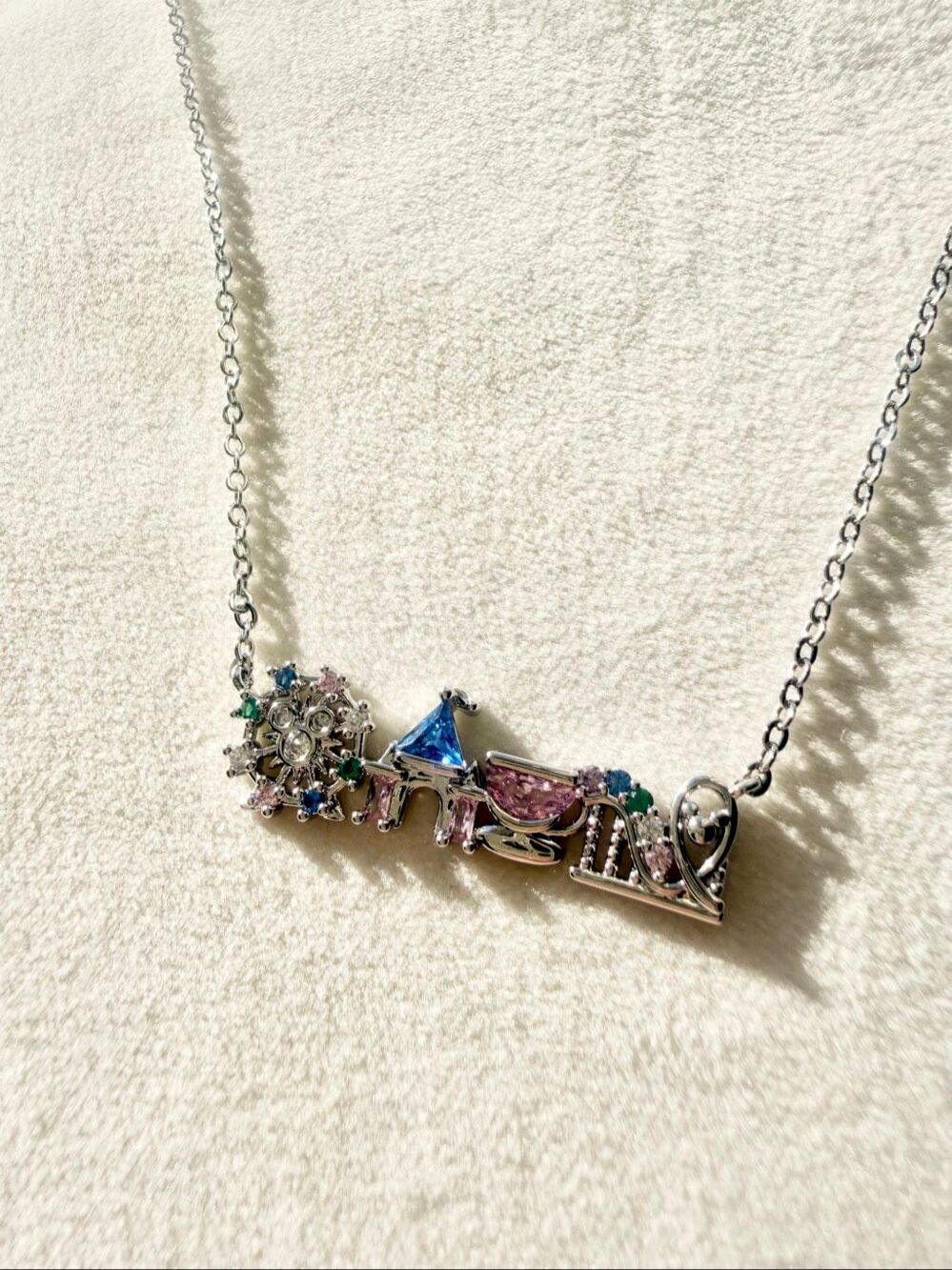 Disneyland Amusement Park Pastel Crystal Silver Necklace Castle Ferris Wheel